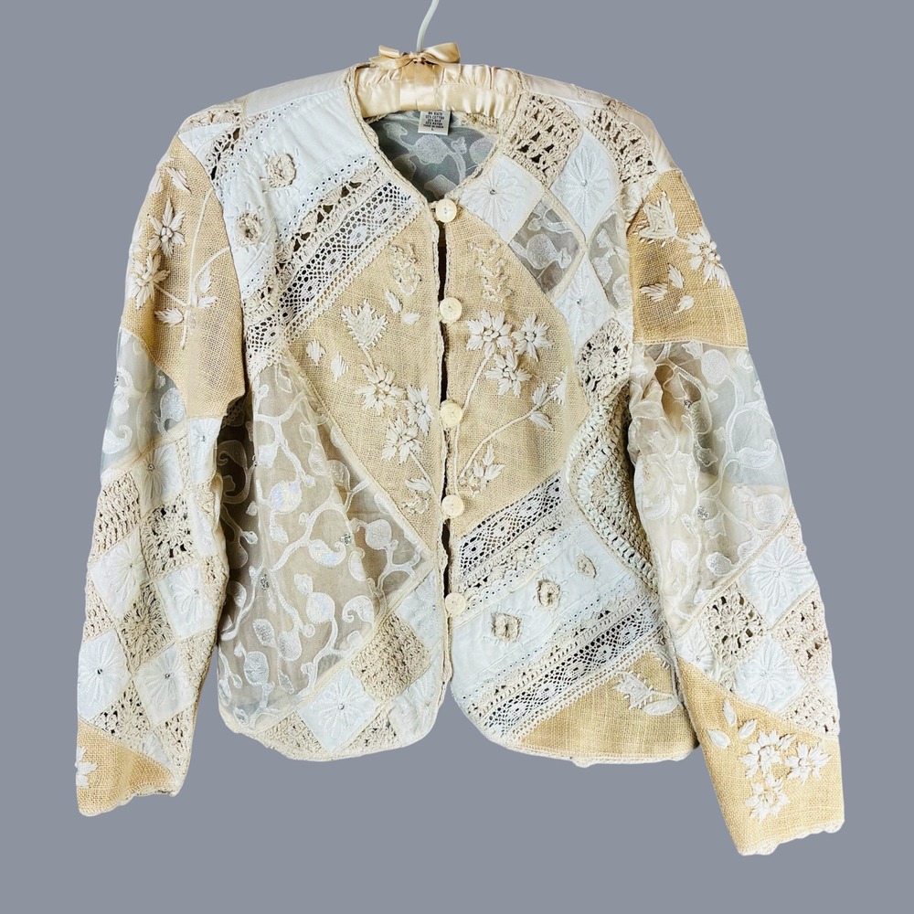 Sandy Starkman Vintage Patchwork Lace Silk Blend Jacket Floral Embroidered Large